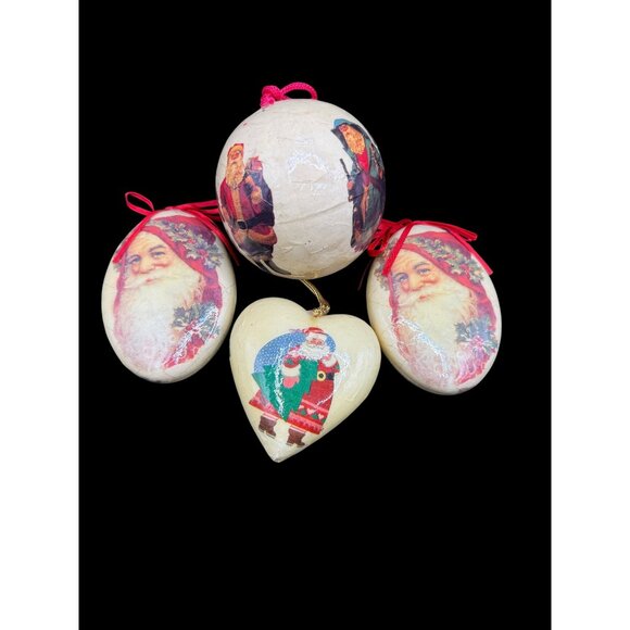 Set Of 4 Vintage Paper Mache Decoupage Santa Father Christmas Ornaments - Picture 2 of 10